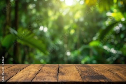 The empty wooden table top with blur background of Amazon rainforest. Exuberant image. generative ai