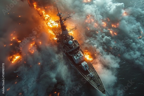 Devastating sight  warship engulfed in flames at sea