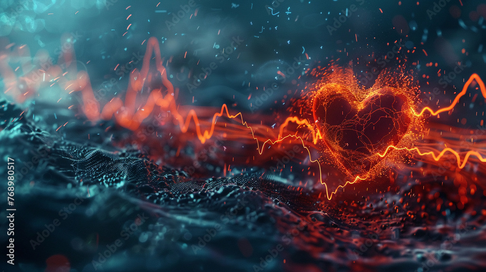 Abstract digital artwork featuring a vibrant heart with an energetic heartbeat pulse, against a dynamic, particle-infused backdrop.