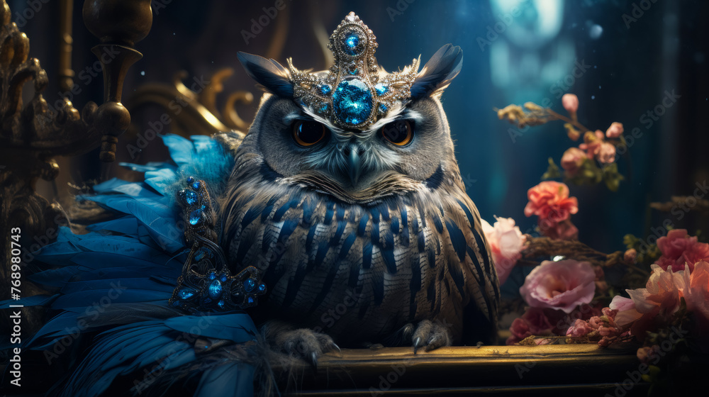 Envision a chic owl in a feathered cape, accessorized with a bejeweled crown and opal earrings. Against a backdrop of enchanted forests, it exudes mystical elegance and nocturnal allure. The ambiance: