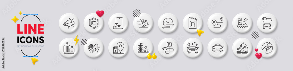 Fototapeta premium Hold box, Electric energy and Car wash line icons. White buttons 3d icons. Pack of Baggage, Taxi, Canister oil icon. Dog leash, Time schedule, Luggage protect pictogram. Vector