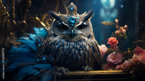 Envision a chic owl in a feathered cape, accessorized with a bejeweled crown and opal earrings. Against a backdrop of enchanted forests, it exudes mystical elegance and nocturnal allure. The ambiance: © Дмитрий Симаков