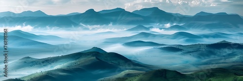 Blue misty mountains landscape with fog and sun rays breaking through the clouds