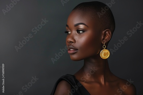 Elegant Woman in Black Dress With Gold Earrings