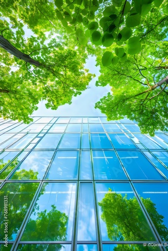 Eco friendly glass office building in modern city with sustainable green design and integrated trees