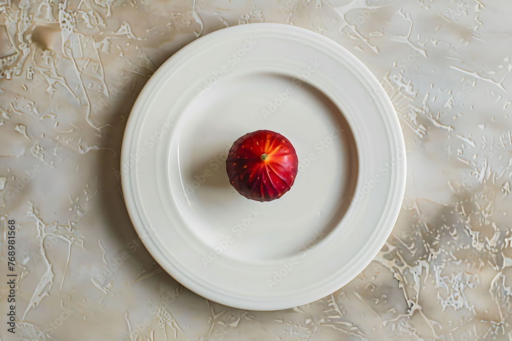 A single, perfectly ripe fig centered on a stark white plate, bathed in soft natural light A single, perfectly ripe fig centered on a stark white plate, bathed in soft natural light