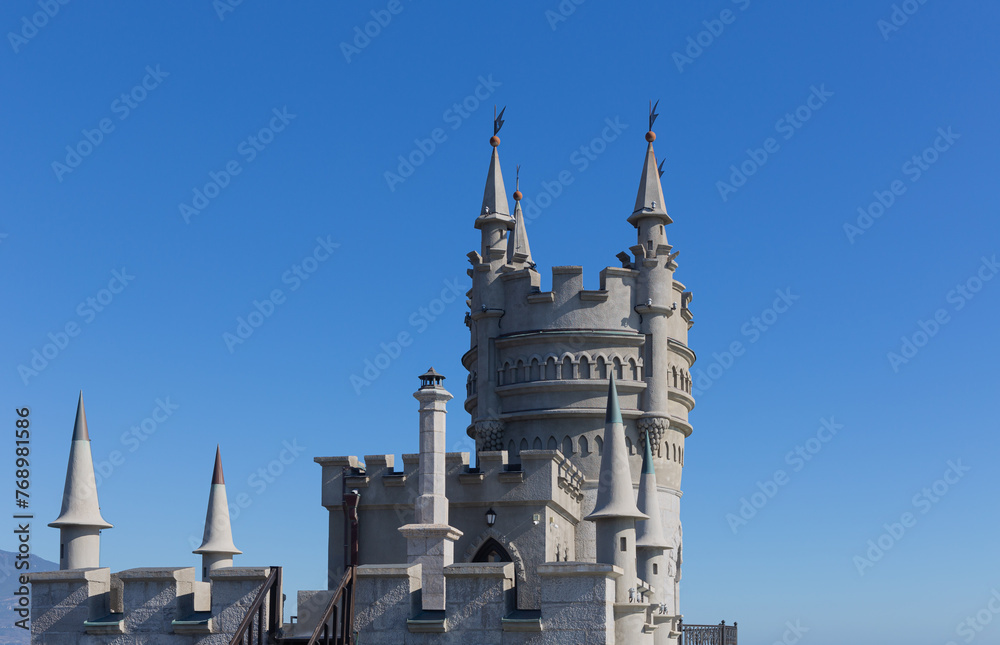 ​The Swallow's Nest Castle Palace and decorations on the territory. Yalta, Crimea, Russia. 27.02.2024