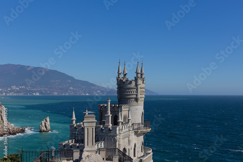 ​The Swallow's Nest Castle Palace and decorations on the territory. Yalta, Crimea, Russia. 27.02.2024