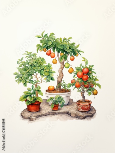 Bonsai trees in pots produce many kinds of fruits color pencil drawing photo