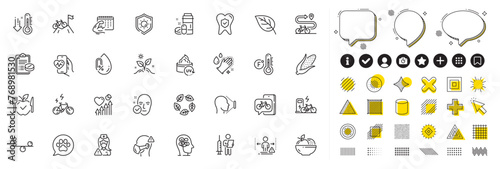 Set of Sun protection, Low thermometer and Uv protection line icons for web app. Design elements, Social media icons. E-bike, Leaf, Organic tested icons. Vector