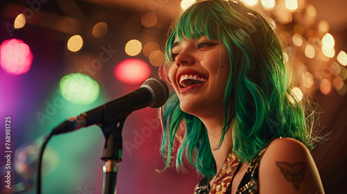 Woman singer with green hair singing at a concert
