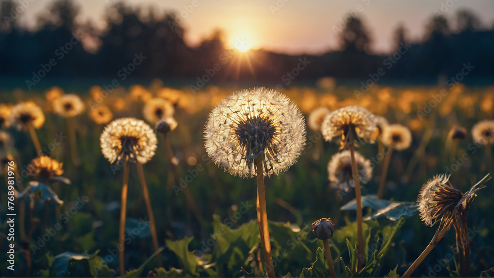 Dandelion field with sunset background. Close-up of dandelion plant with blurred beautiful nature panorama. AI Generated