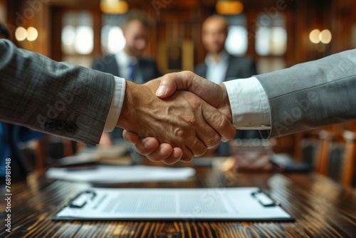 Executives seal agreement with handshake in corporate office