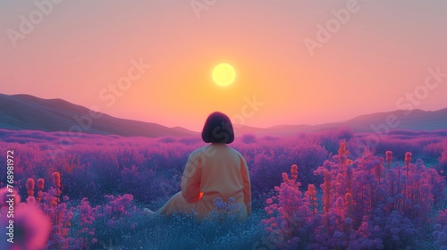 A young woman with short hair in a yellow dress sits and looks at the sun in a lavender field.