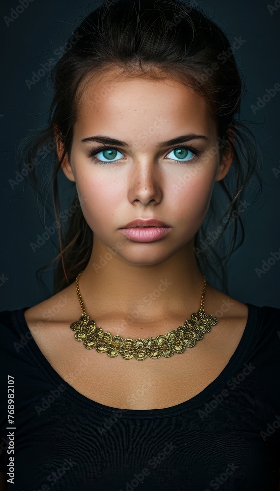 Elegant woman in black dress and necklace in studio setting with ample copy space for advertising