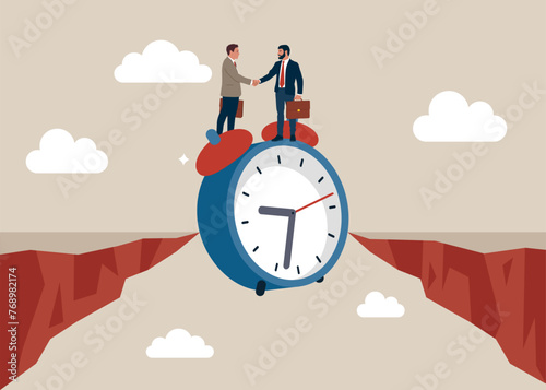 Vector of a clock bridging the gap between a businesspeople. Assisting business people to overcome difficulties. Flat vector  illustration