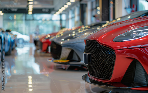 cars in the showroom waiting for sale. Generative AI © Nipawan