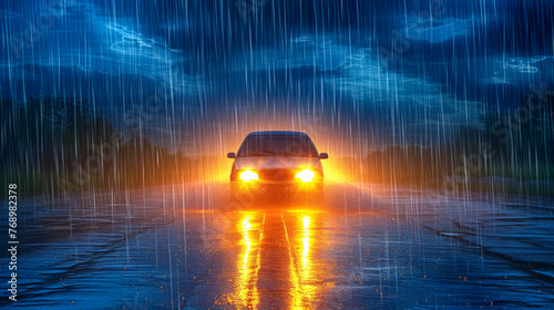 free space for title and Shot of car with bright headlights piercing through rainy twilight