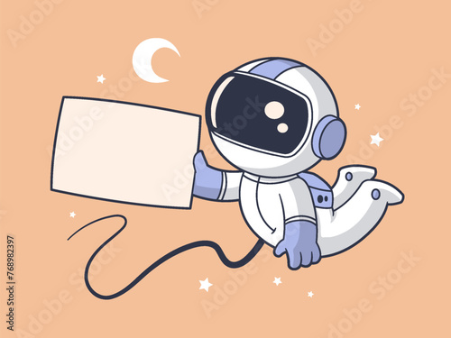 Astronaut in space holding blank message card board vector cartoon illustration in retro vintage style (ID: 768982397)