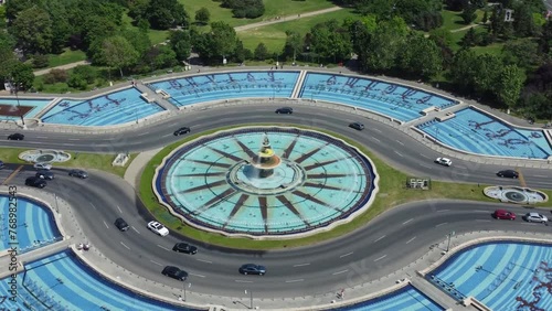 Drone view overt the Unirii Square fountains in Bucharest photo