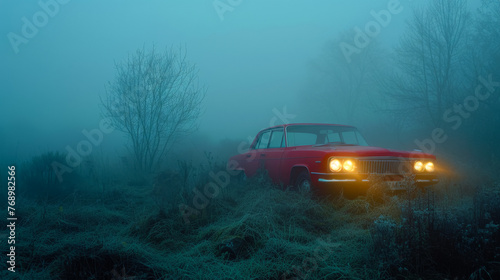 free space for title and Shot of car with bright headlights piercing through thick morning fog