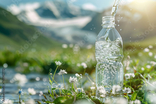 Glass bottle of pouring crystal water against blurred nature snow mountain, summer landscape background. Organic pure natural water. Healthy drink concept