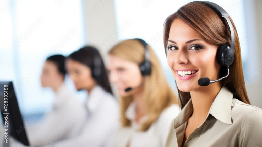 Portrait of a smiling customer agent, a female, businesswoman working in a call centre with a headset on Portrait of a smiling customer agent, a female, businesswoman working in a call centre with a headset on