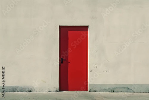 A single, vibrant red door set against a smooth, whitewashed wall, with a minimalist black handle © GraphicXpert11