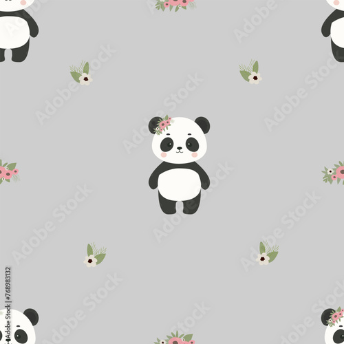 Cute pandas seamless pattern. Baby wallpaper .Gray love bear background