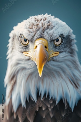 Powerful eagle close-up  dominating with authority and strength.             Illuminated feathers against vast blue skies  symbolizing freedom.