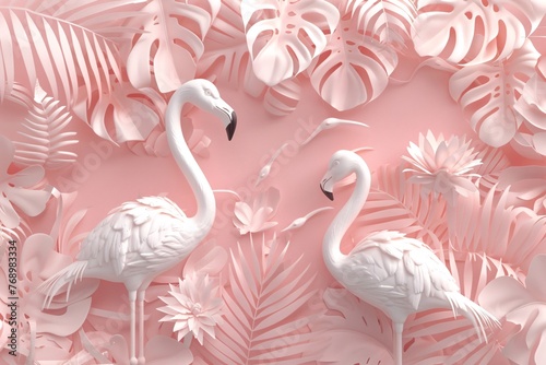 two white flamingos and paper flowers © Doina