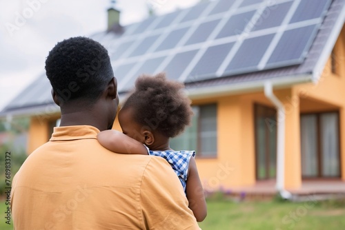 african american father and daughter look at their house which had solar panels installed on the roof. Alternative energy, saving resources and sustainable lifestyle concept.