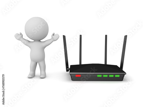 Happy 3D Character next to router