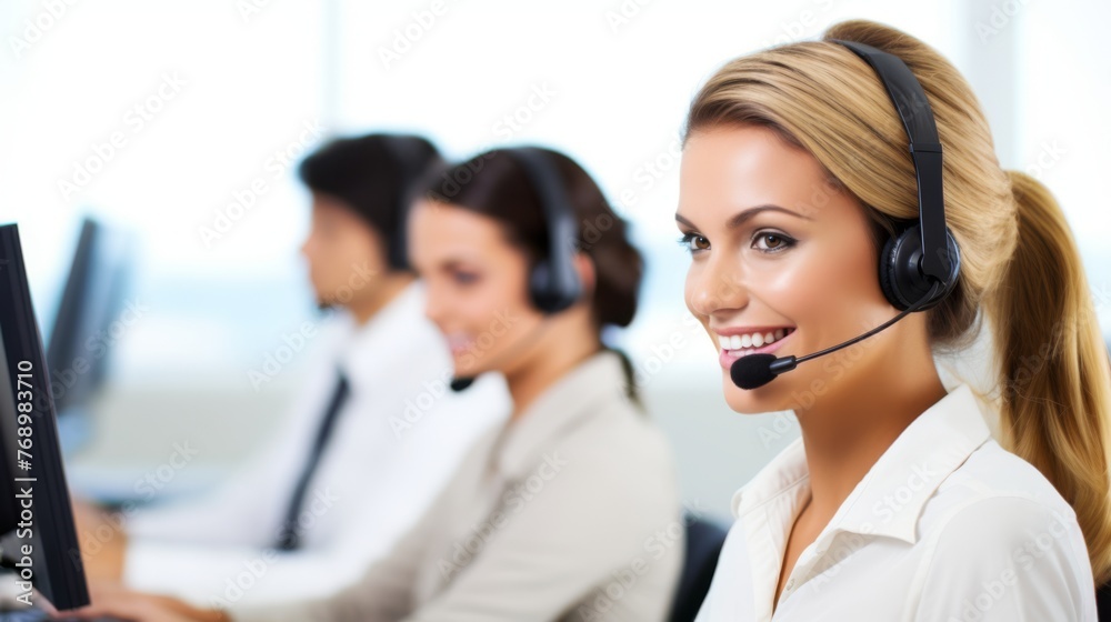 Portrait of a smiling customer agent, a female, businesswoman working in a call centre with a headset on Portrait of a smiling customer agent, a female, businesswoman working in a call centre with a headset on