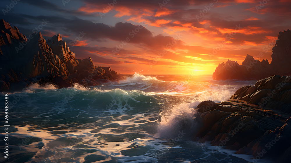 Fantastic big rocks and ocean waves at sundown time. Dramatic scene. - obrazy, fototapety, plakaty 