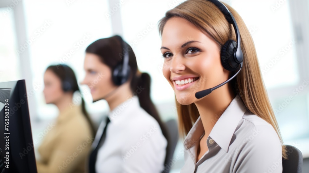 Portrait of a smiling customer agent, a female, businesswoman working in a call centre with a headset on Portrait of a smiling customer agent, a female, businesswoman working in a call centre with a headset on