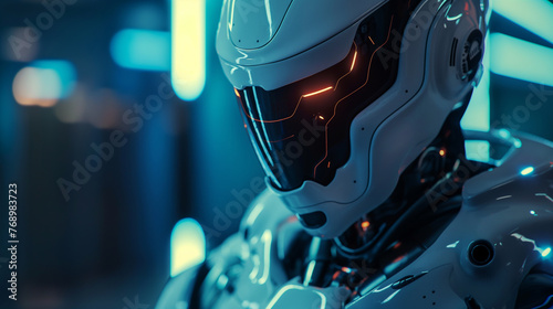Futuristic Robotic Suit with Advanced Technology. Close-up of a futuristic robot suit helmet with glowing orange lines, symbolizing cutting-edge technology and innovation.
