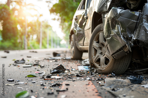 Car Accident Scene with Wrecked Vehicle on Road. Damaged car after a road collision, with debris scattered around on asphalt, highlighting road safety and accident risks. photo