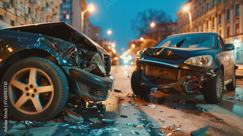 Head-On Collision Between Two Cars at Night. Two cars have experienced a head-on collision at night, with debris scattered on the road and emergency lights in the background. photo