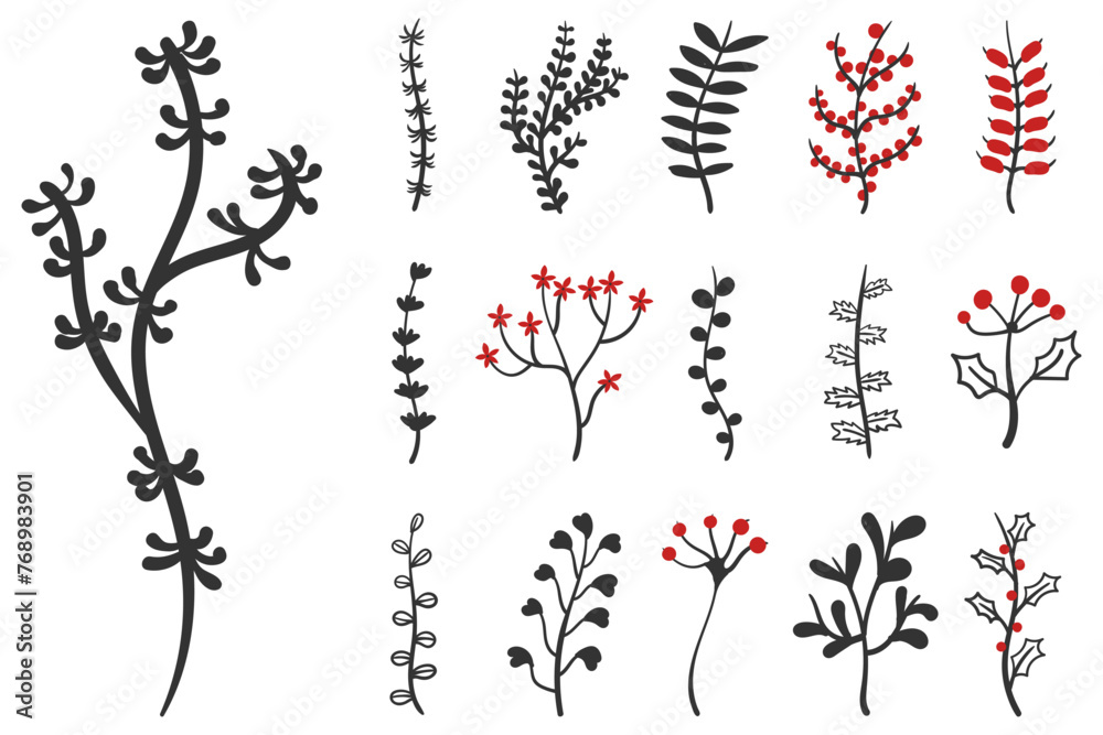 Doodle Christmas tree flowers isolated on a white background. Collection of vintage Merry Christmas and happy New Year elements. Suitable for cards or posters. Vector illustration