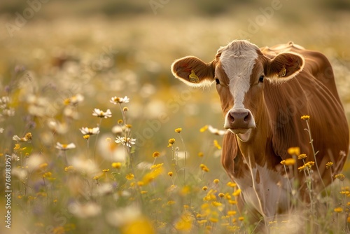 Brown and White Cow Standing in Field of Flowers