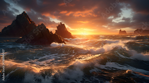 Fantastic big rocks and ocean waves at sundown time. Dramatic scene. © Mizangraphics2046