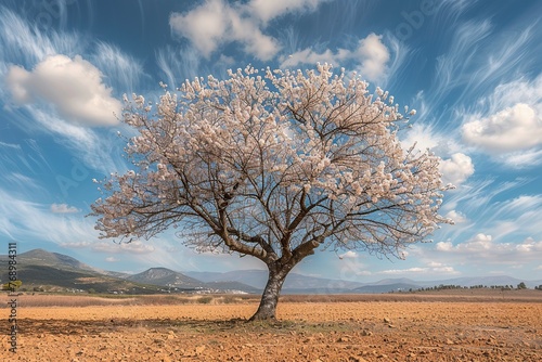 Cherry Tree Standing in Field Under Blue Sky