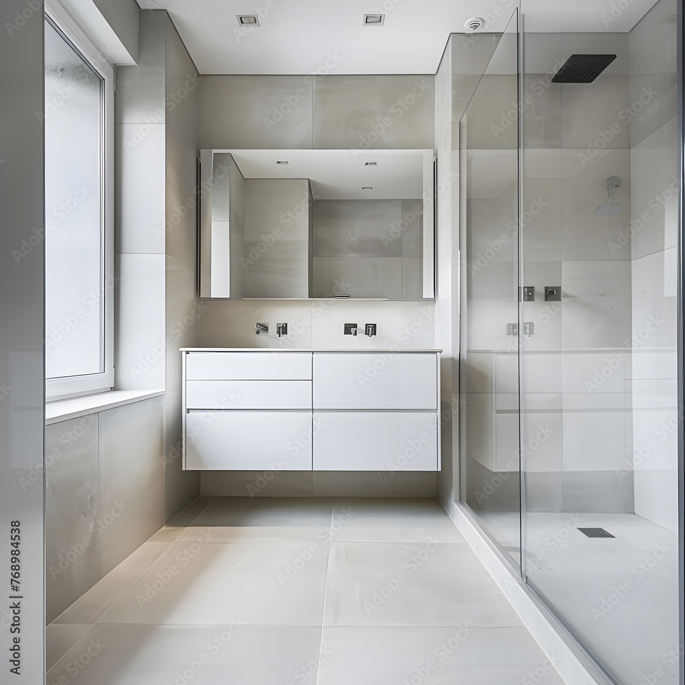 A minimalist bathroom with a sleek bathroom vanity. 3d render. A minimalist bathroom with a sleek bathroom vanity. 3d render.