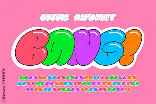 Trendy Bubble comical alphabet design, colorful, typeface.