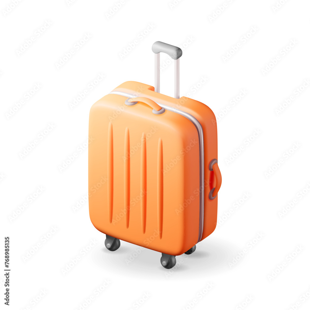 3D Orange Travel Suitcase Isolated on White. Render Plastic Bag. Travel or Journey Concept. Plastic Case. Trolley on Wheels. Travel Baggage and Luggage. Realistic Vector Illustration 3D Orange Travel Suitcase Isolated on White. Render Plastic Bag. Travel or Journey Concept. Plastic Case. Trolley on Wheels. Travel Baggage and Luggage. Realistic Vector Illustration