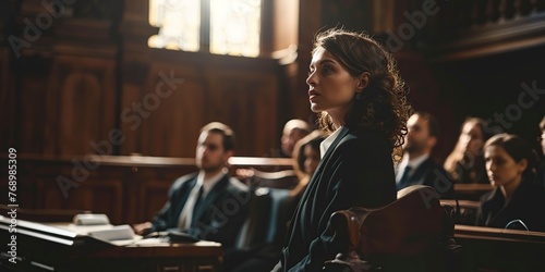 Woman Sitting at Table in Courtroom