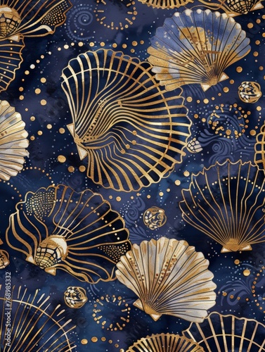 Blue and gold wallpaper adorned with various shells of different shapes and sizes