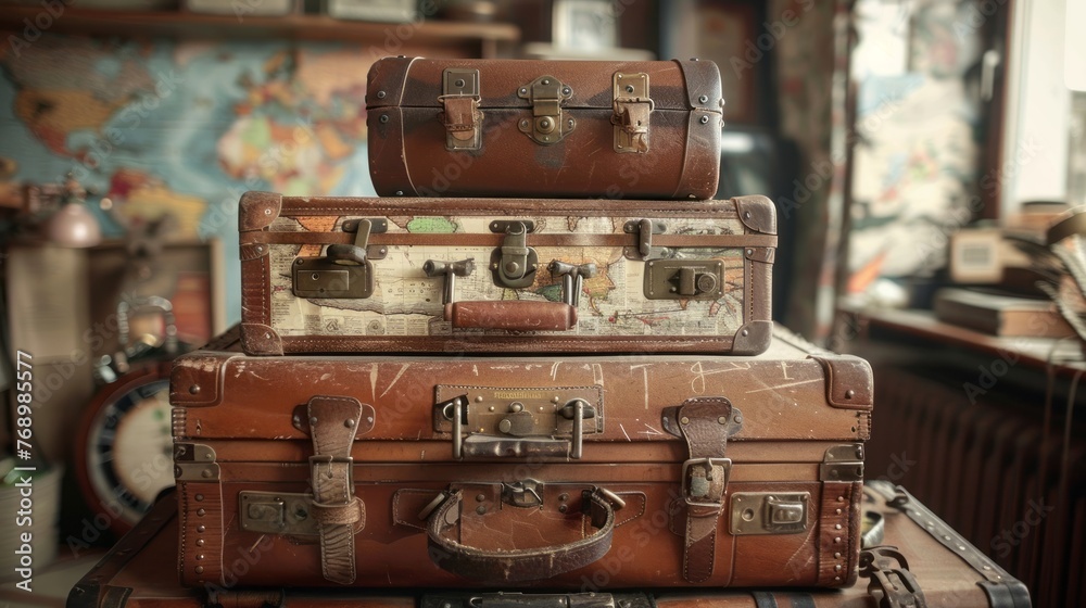 Vintage travel essentials: antique suitcase, compass, and map arranged artfully on aged wooden table