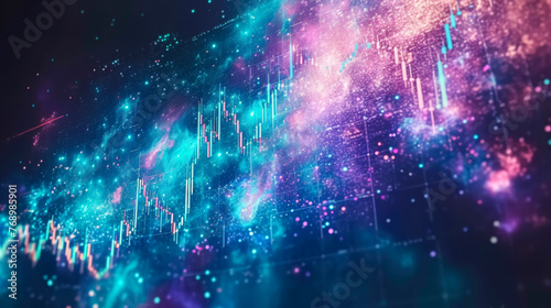 free space on the left corner for title banner with Mt4 chart, trading, space in the background, with turquoise purple and light blue colors